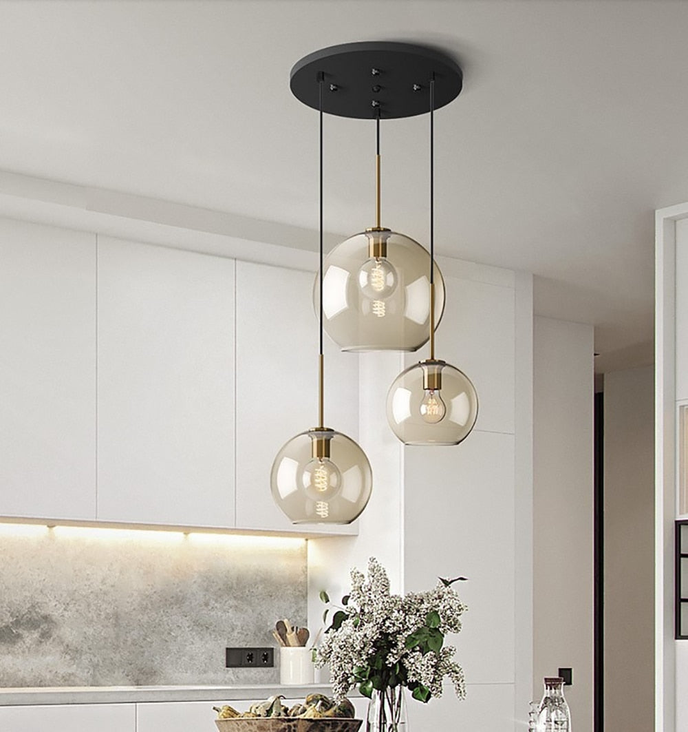 3-lights Round Modern Cognac Glass Pendant Lamp | Ceiling Light Fixtures | Casalola - Lamps