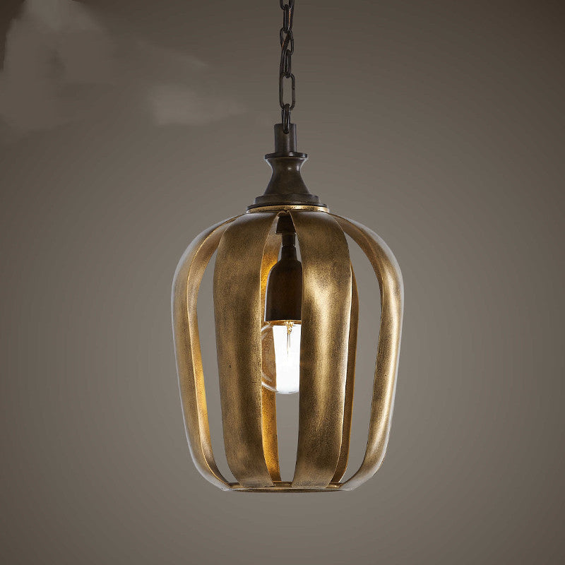 Antique Gold Cage Pendant Light in Iron – Vintage Industrial Ceiling Fixture for Dining Room or Entryway - Lamps