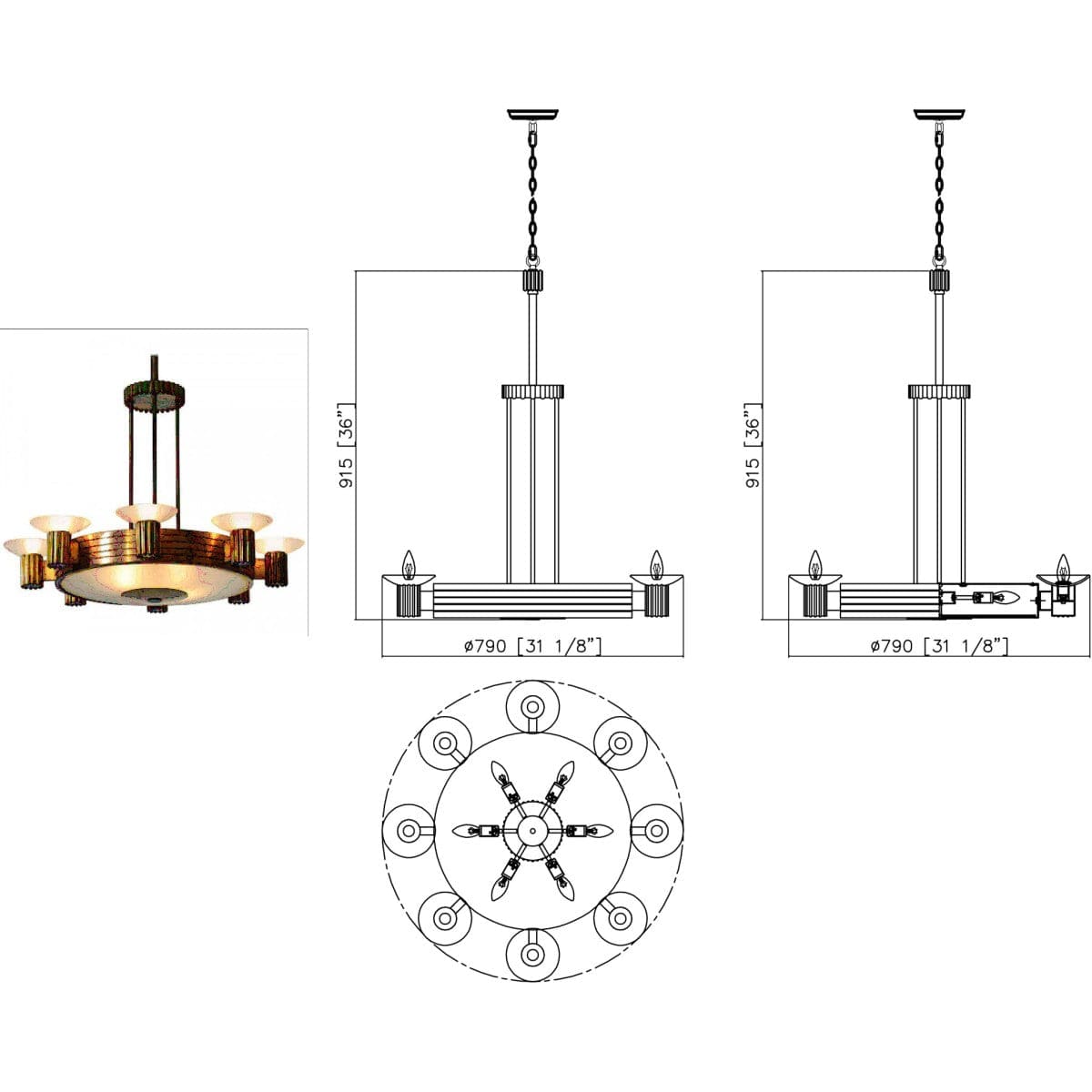 Art Deco Brass Chandelier for Dining Room Candelabra Living - Chandeliers