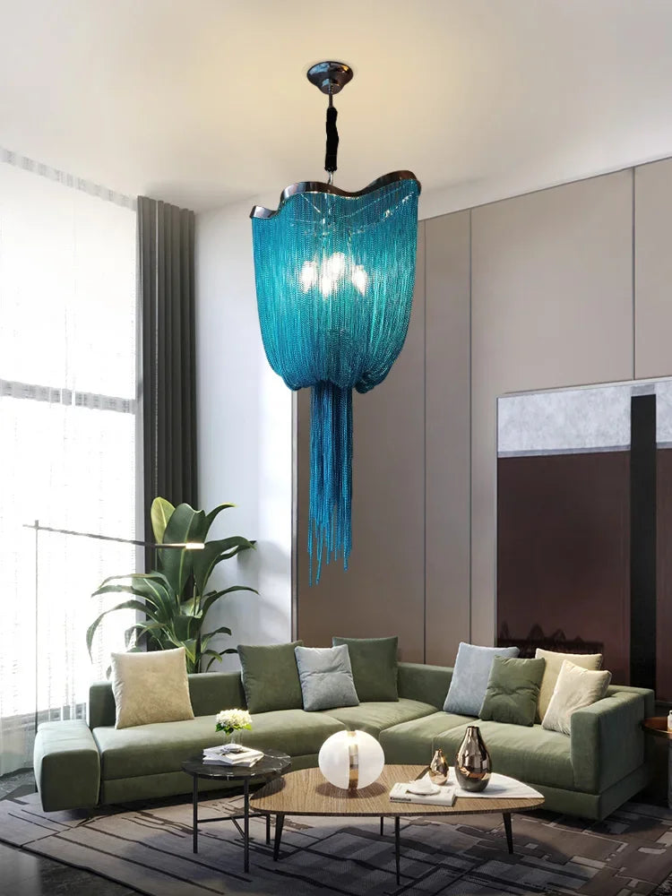 Azurro Chandelier | Blue Beaded Ceiling Lamps For Stairs Dining Room Living - Chandeliers