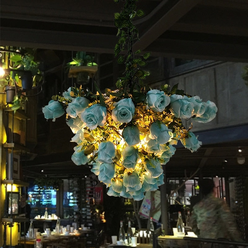 Flower Pendant Lamp | Blue Flowers Chandelier | Ceiling Light Fixture For Biophilic Design - Lamps