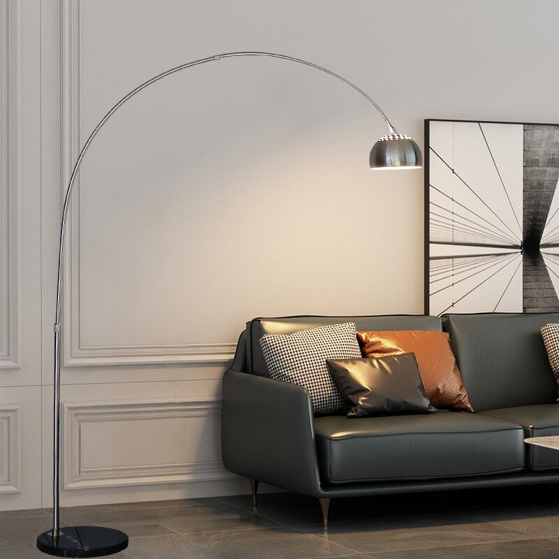 Mid-century Modern Arc Floor Lamp With Marble Base | Polished Metal Lines And Curve | Black - Lamps