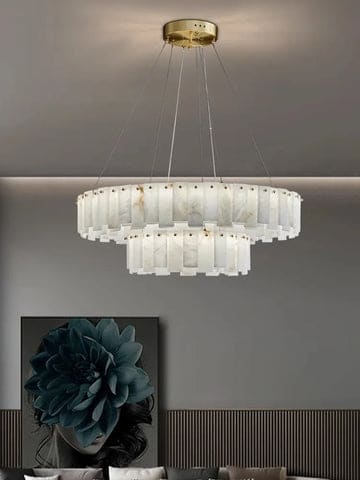 Double Layer Round Alabaster Chandelier Over the Dining Table or in Living Room | Casalola Lights - Chandeliers