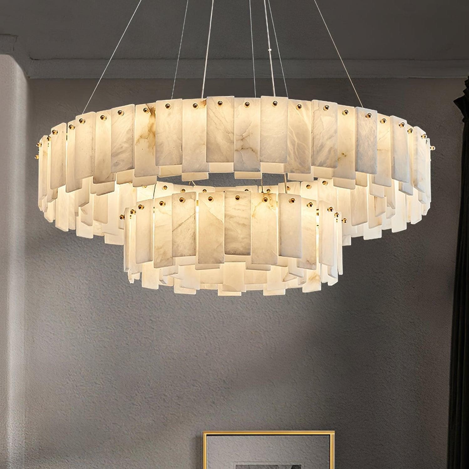 Double Layer Round Alabaster Chandelier Over the Dining Table or in Living Room | Casalola Lights - Chandeliers