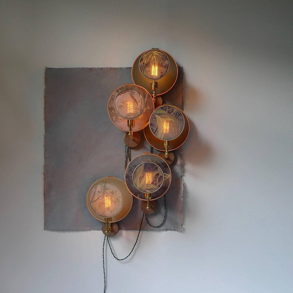 Eclectic Copper and Wood Floor Lamp with Cloth Shade - Modern Style Lighting - Wall Lamps