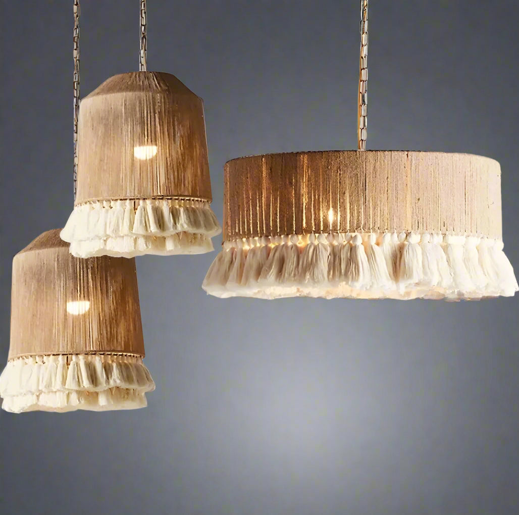 Bohemian Fringe Pendant Lights – Handcrafted Woven Rattan Hanging Lamps with Soft Tassel Detailing - Lamps