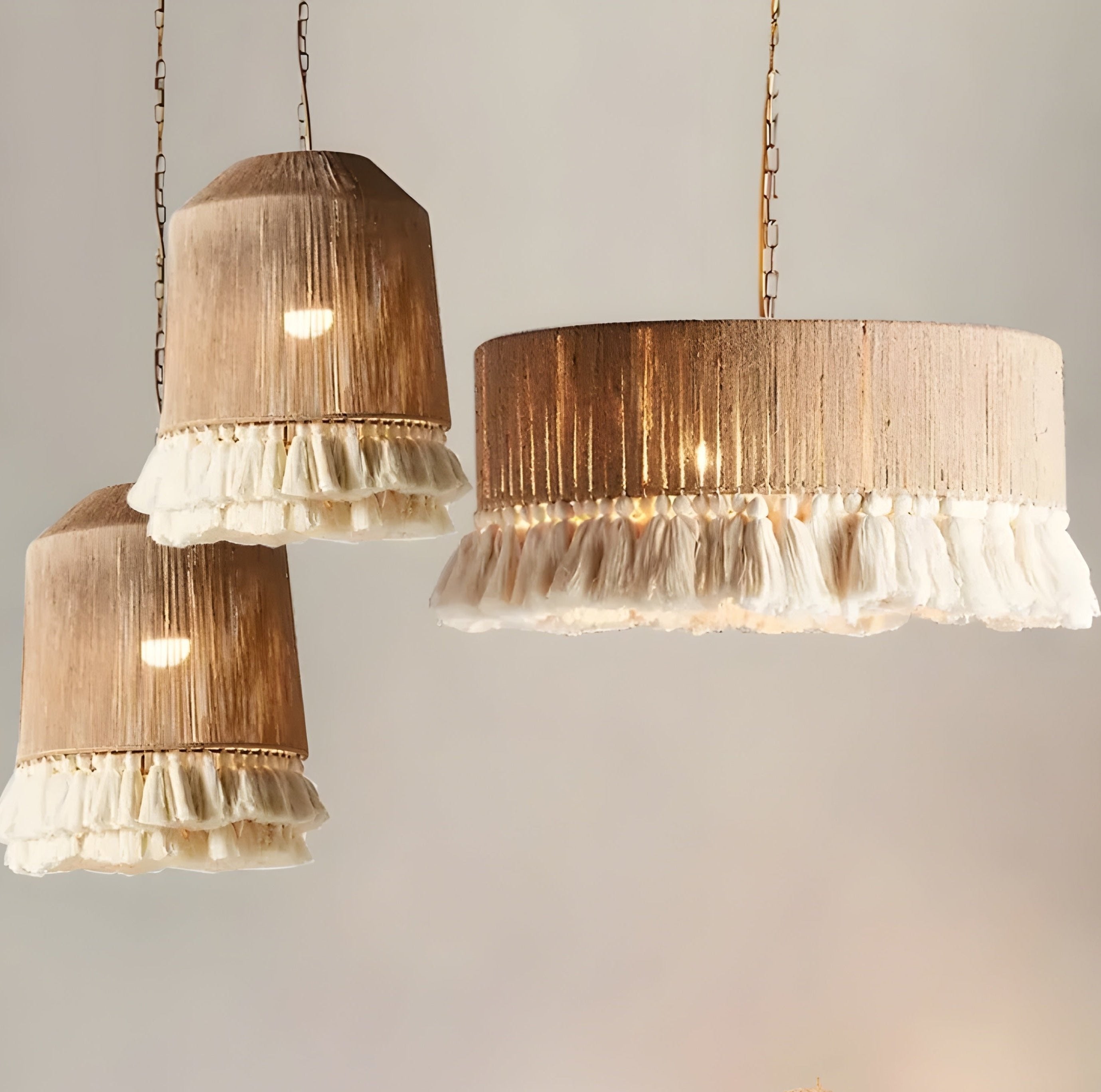 Bohemian Fringe Pendant Lights ?? Handcrafted Woven Rattan Hanging Lamps with Soft Tassel Detailing - Semi-flush Mounts