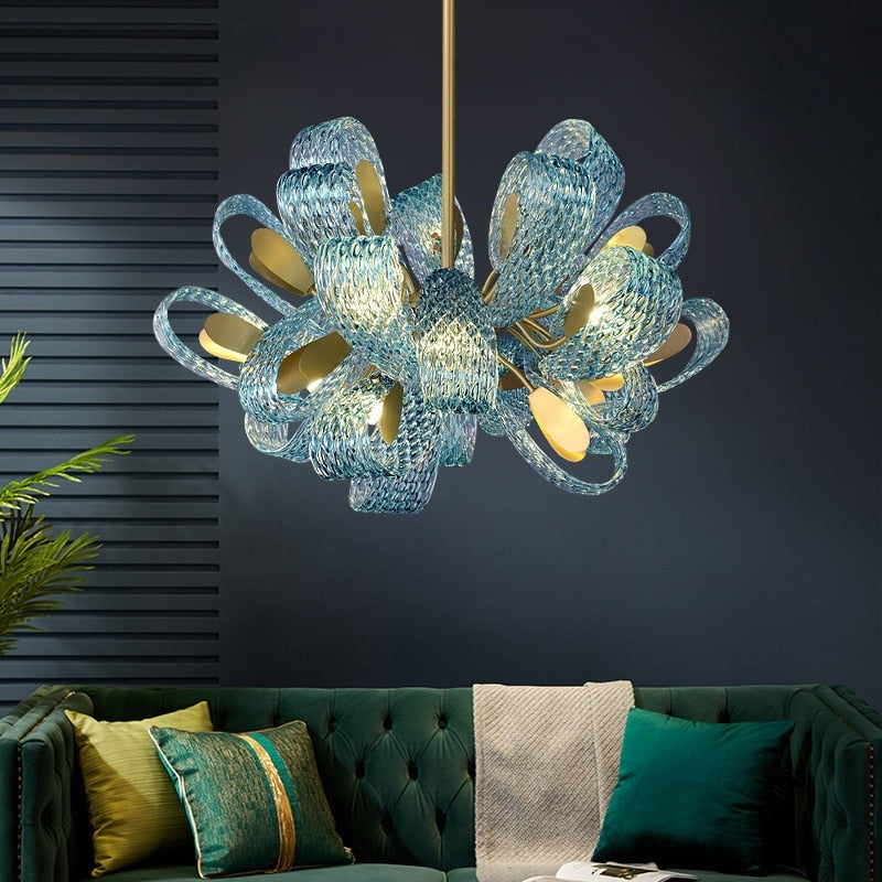 Blue Crystal Bows Chandelier | Art Nouveau-inspired Glass And Iron Lighting | Luxurious Led Fixture For Living Dining