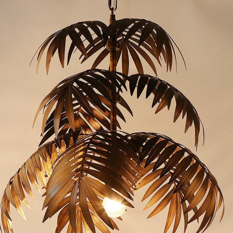 Palm Leaf Chandelier in Antique Bronze Finish Large Metal Pendant Light for Living Room Dining or Entryway - Lamps