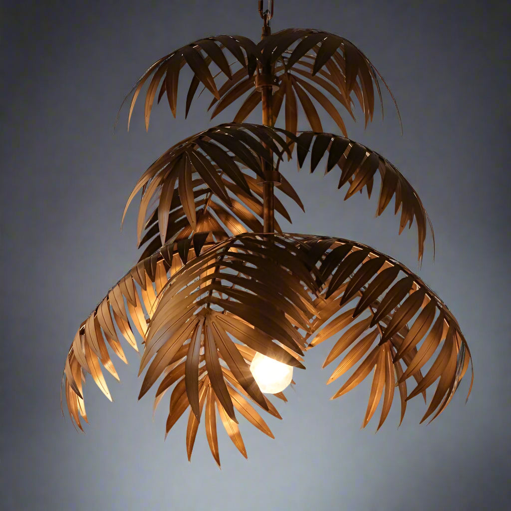 Palm Leaf Chandelier in Antique Bronze Finish Large Metal Pendant Light for Living Room Dining or Entryway - Lamps