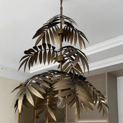 Palm Leaf Chandelier in Antique Bronze Finish Large Metal Pendant Light for Living Room Dining or Entryway - Lamps