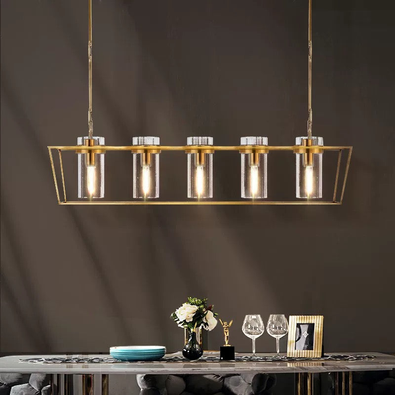 Modern Linear Gold Chandelier 5 Glass Shades – Industrial Farmhouse Island Pendant Light for Kitchen or Dining Room