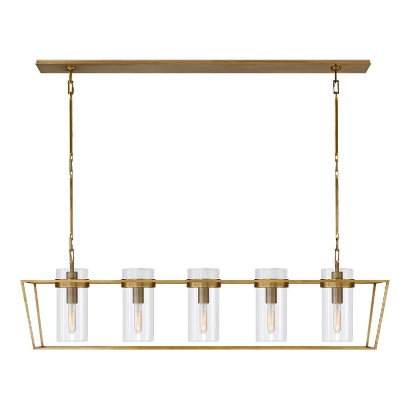 Modern Linear Gold Chandelier 5 Glass Shades – Industrial Farmhouse Island Pendant Light for Kitchen or Dining Room