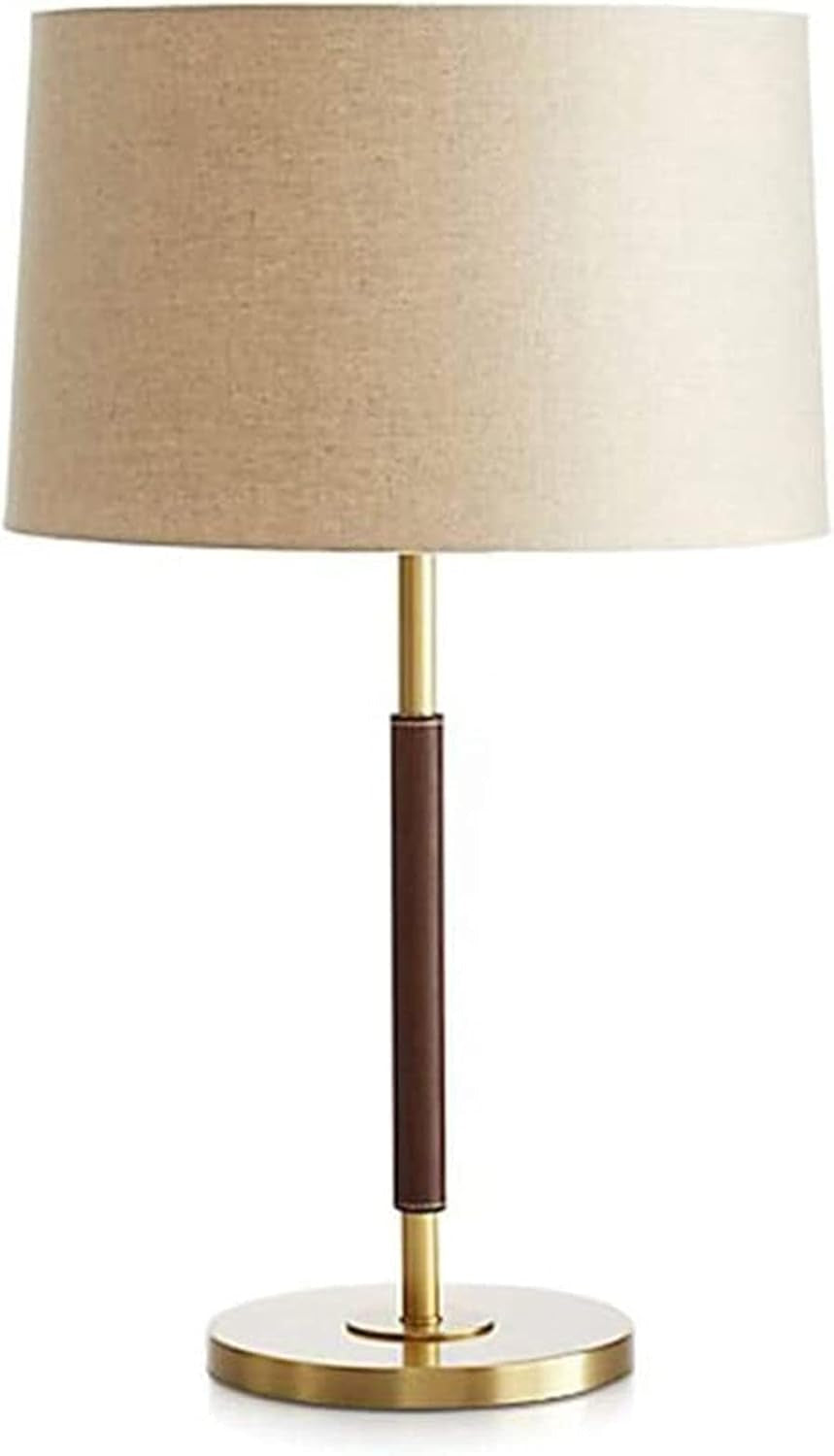 Modern Luxury Brass and Leather Table Lamp with Linen Drum Shade for Bedroom Living Room or Office - Lamps