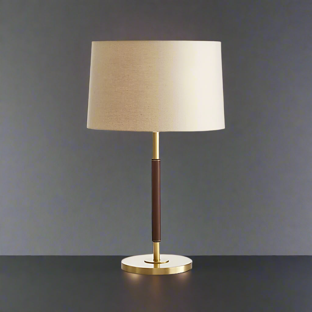 Modern Luxury Brass and Leather Table Lamp with Linen Drum Shade for Bedroom Living Room or Office - Lamps