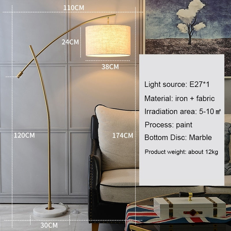 Minimalist Arc Floor Lamp | Living Room Lamps | Metal Base White Fabric Lampshade | Casalola