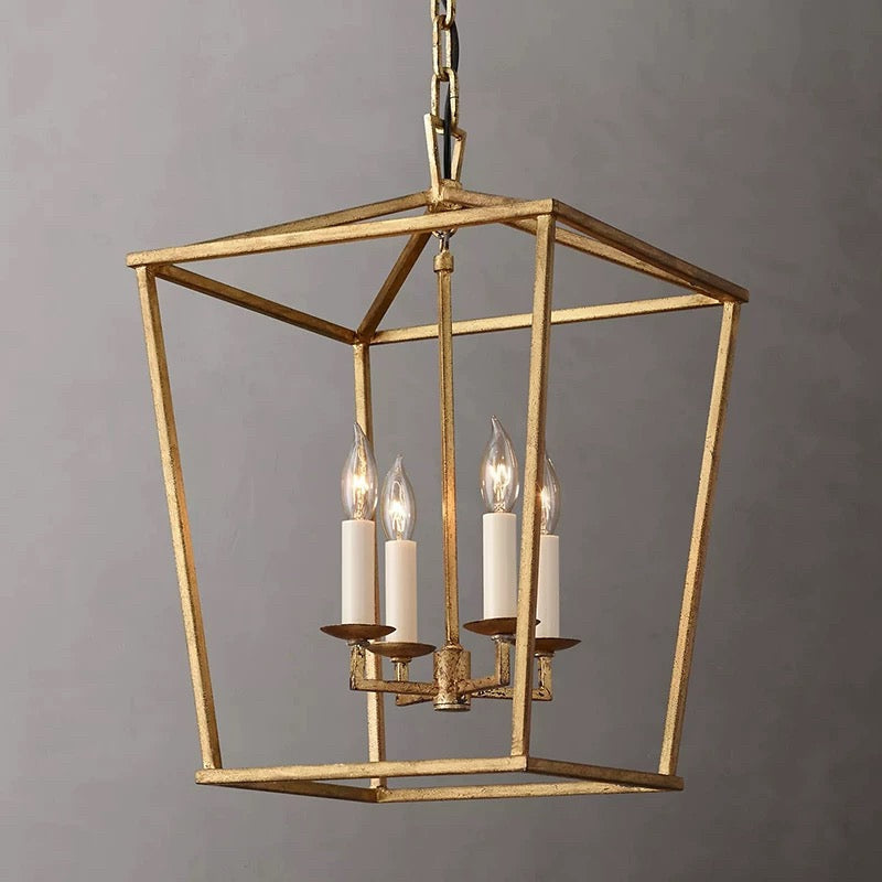 Gold Lantern Pendant Light with 4 Candle Lights – Open Frame Foyer Chandelier for Entryway Kitchen Island or Dining