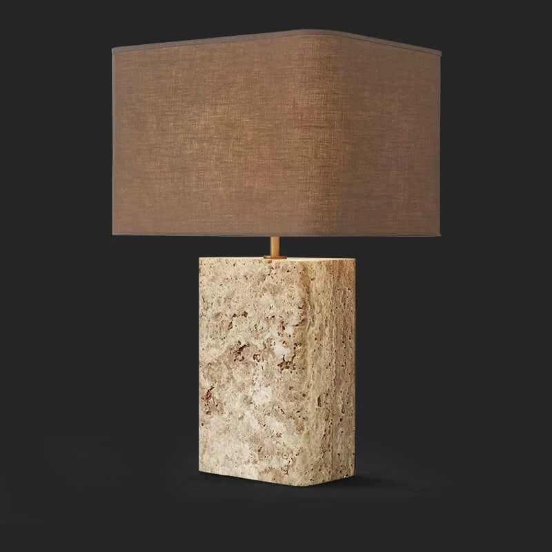 Modern Travertine and Copper Table Lamp with Fabric Shade for Living Room or Bedroom - Minimalist Lamps