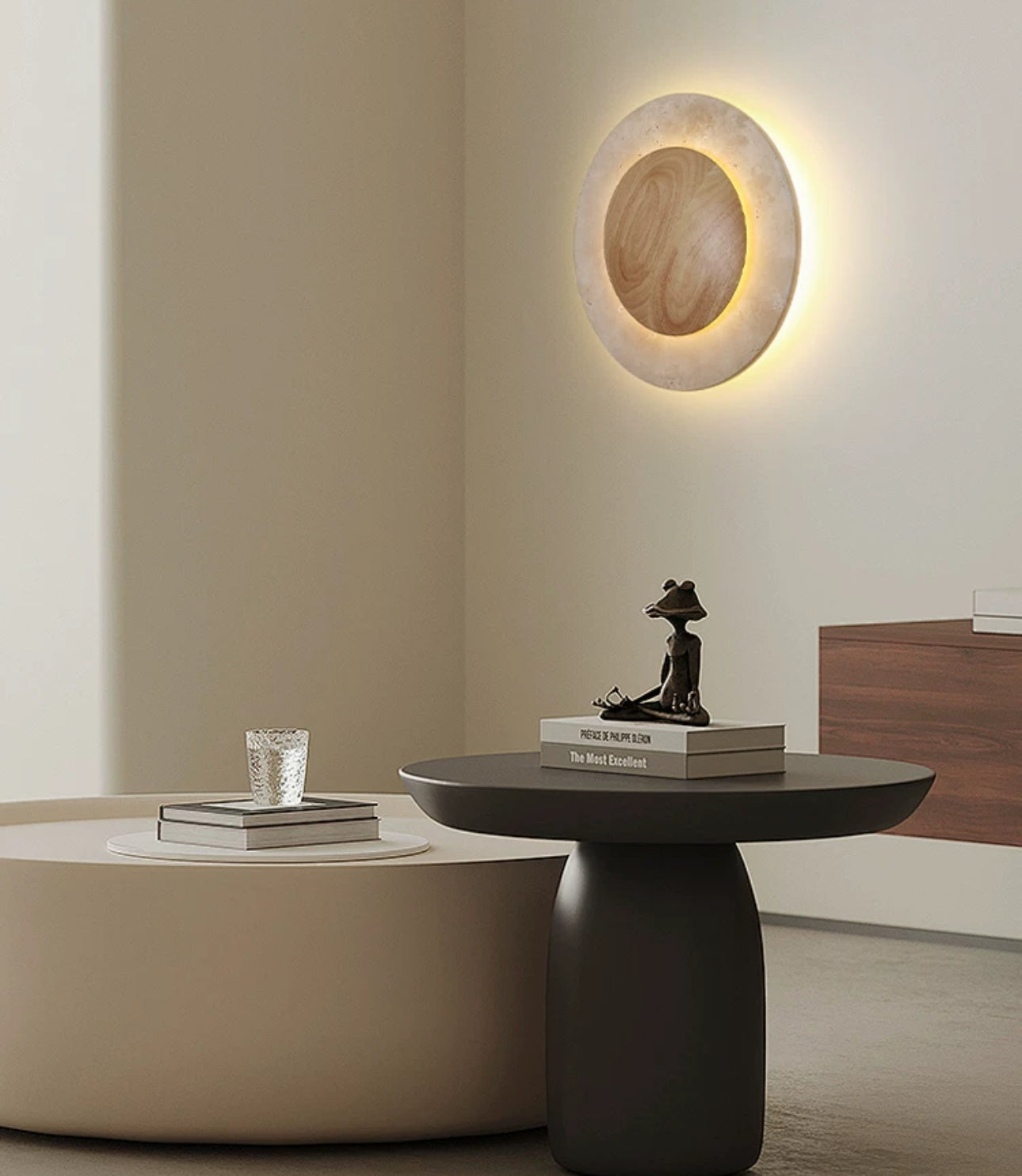 Minimalist Round Travertine And Wood Wall Lamp 25cm Diameter Warm Led Lighting - Lamps