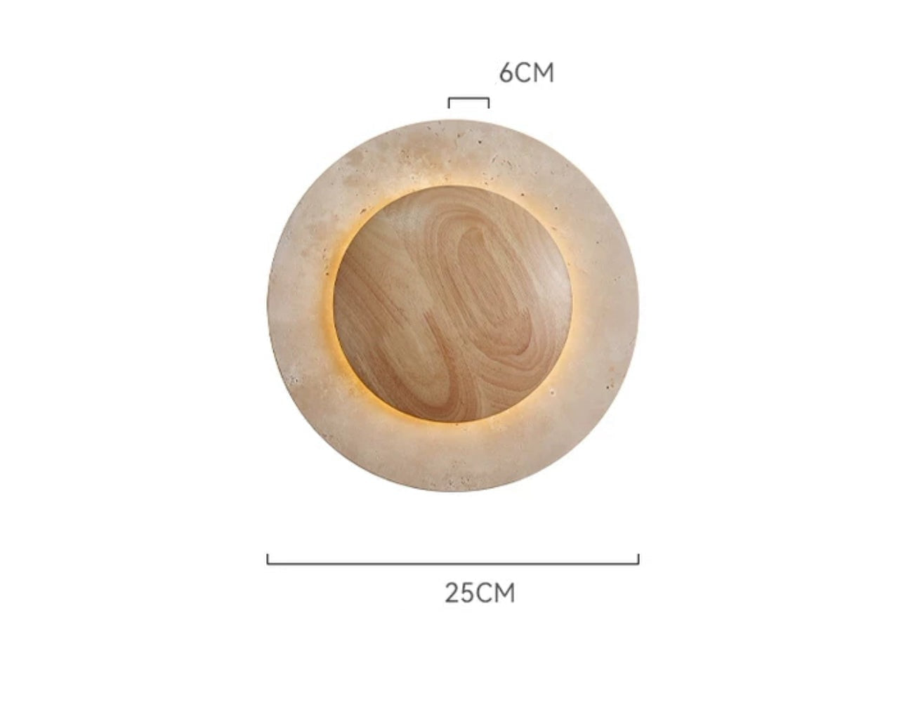 Minimalist Round Travertine and Wood Wall Lamp 25cm Diameter Warm Led Lighting - Lamps