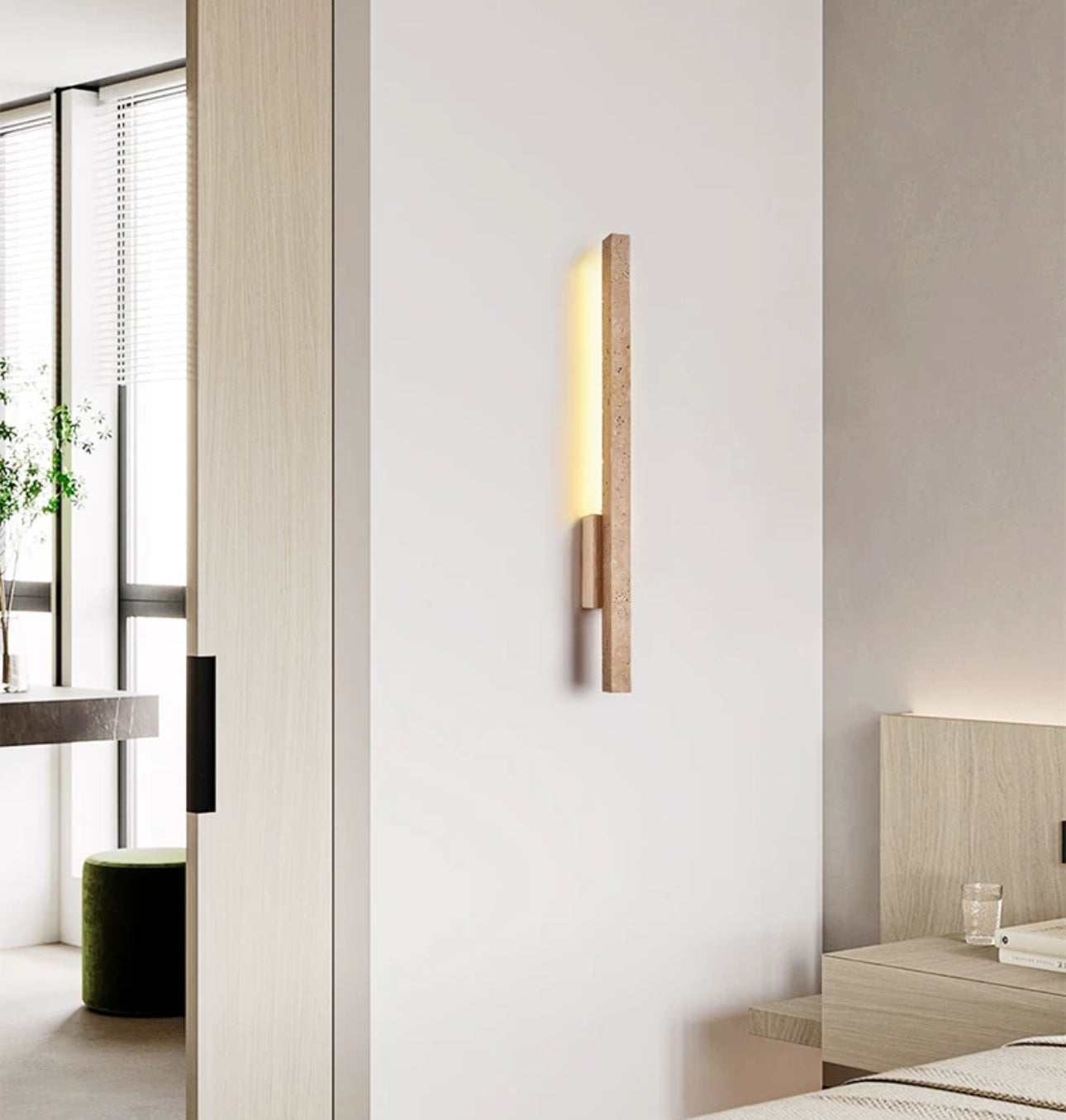 Travertine and Wood Wall Lamp with Warm Led Light Modern Minimalism Home Decor - Minimalist Lamps