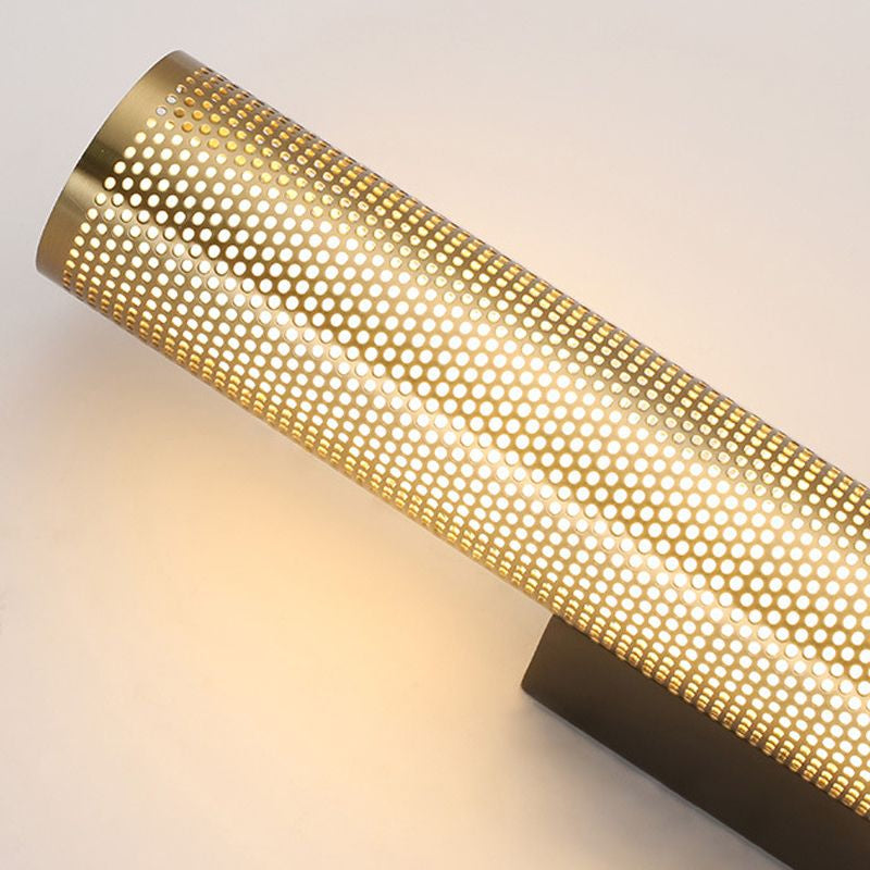 Brass Cylinder Wall Sconce – Modern Perforated Metal Design Ambient Lighting Fixture for Hallways & Bedrooms