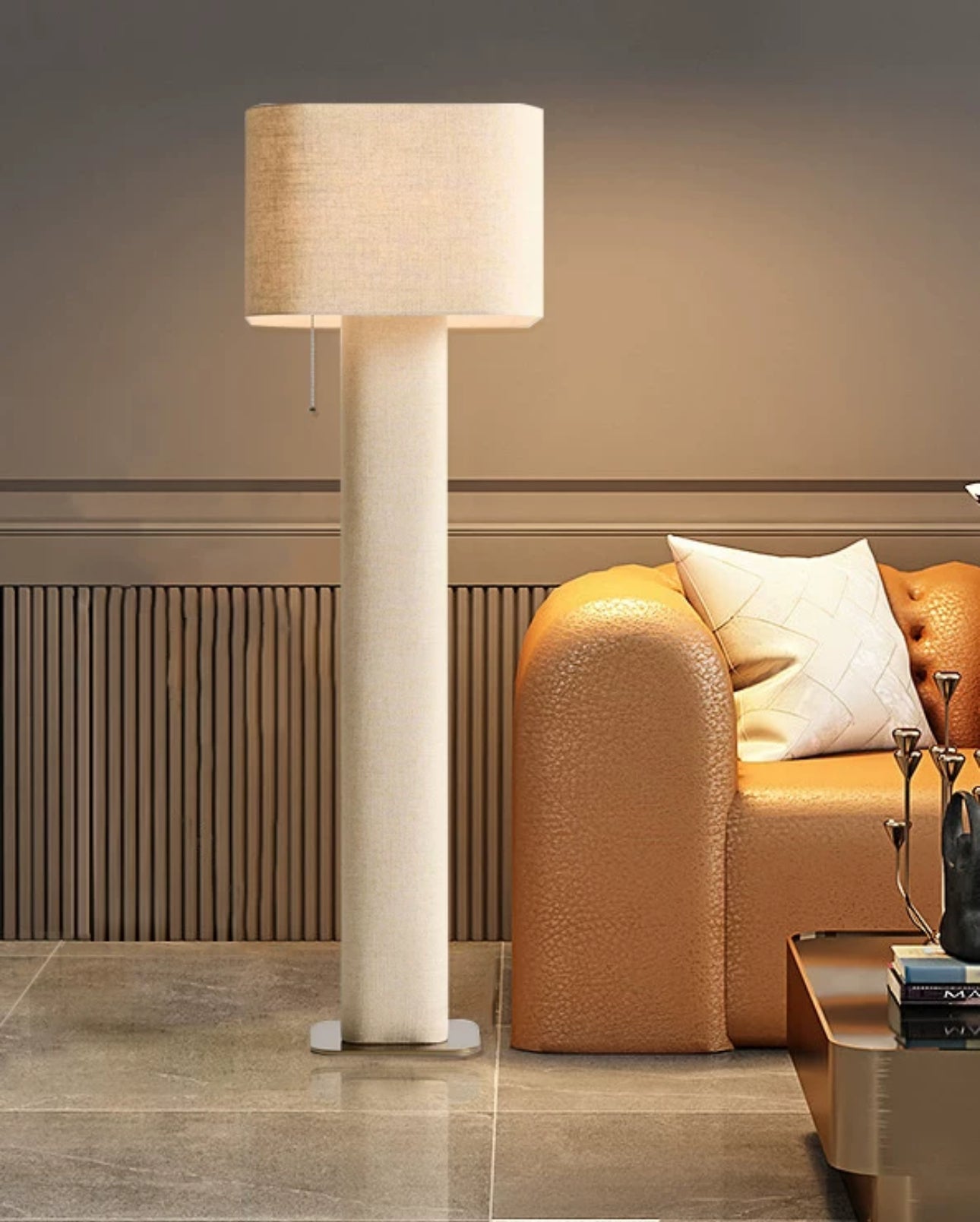 Wabi-sabicontemporary Fabric Floor Lamp with Cylindrical Base ?? Minimalist Linen Shade Standing Light - Floor Lamps