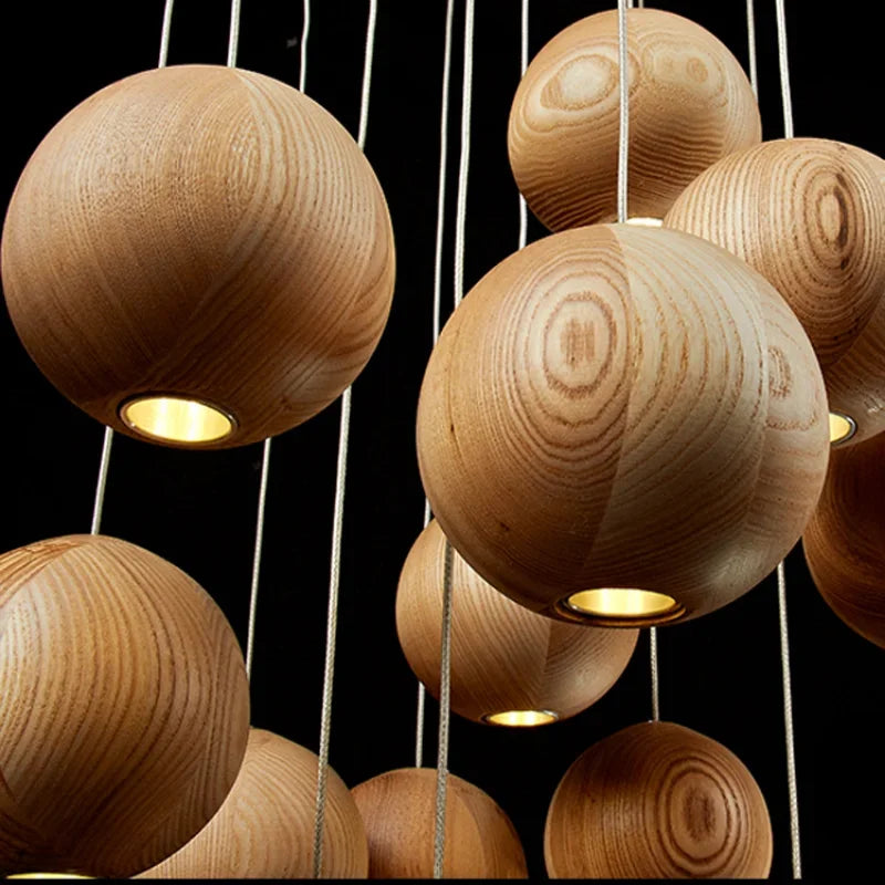 Wooden Sphere Pendant Lights For Dining Room Stairs Living - Lamps