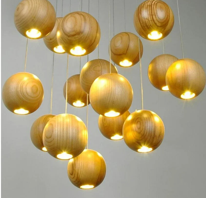 Wooden Sphere Pendant Lights for Dining Room Stairs Living - Lamps