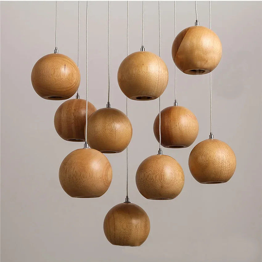 Wooden Sphere Pendant Lights for Dining Room Stairs Living - Lamps