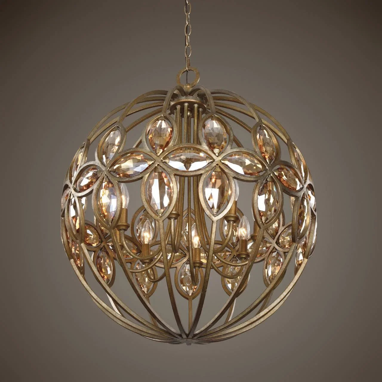 Wrought Iron Crystal Globe Chandelier – Luxurious Dining Room or Entryway Light - Pendant Lamps